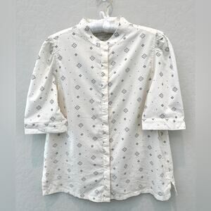 🆕 LOFT | White Geometric Print Cotton High Neck Short Puff Sleeve Top | Small